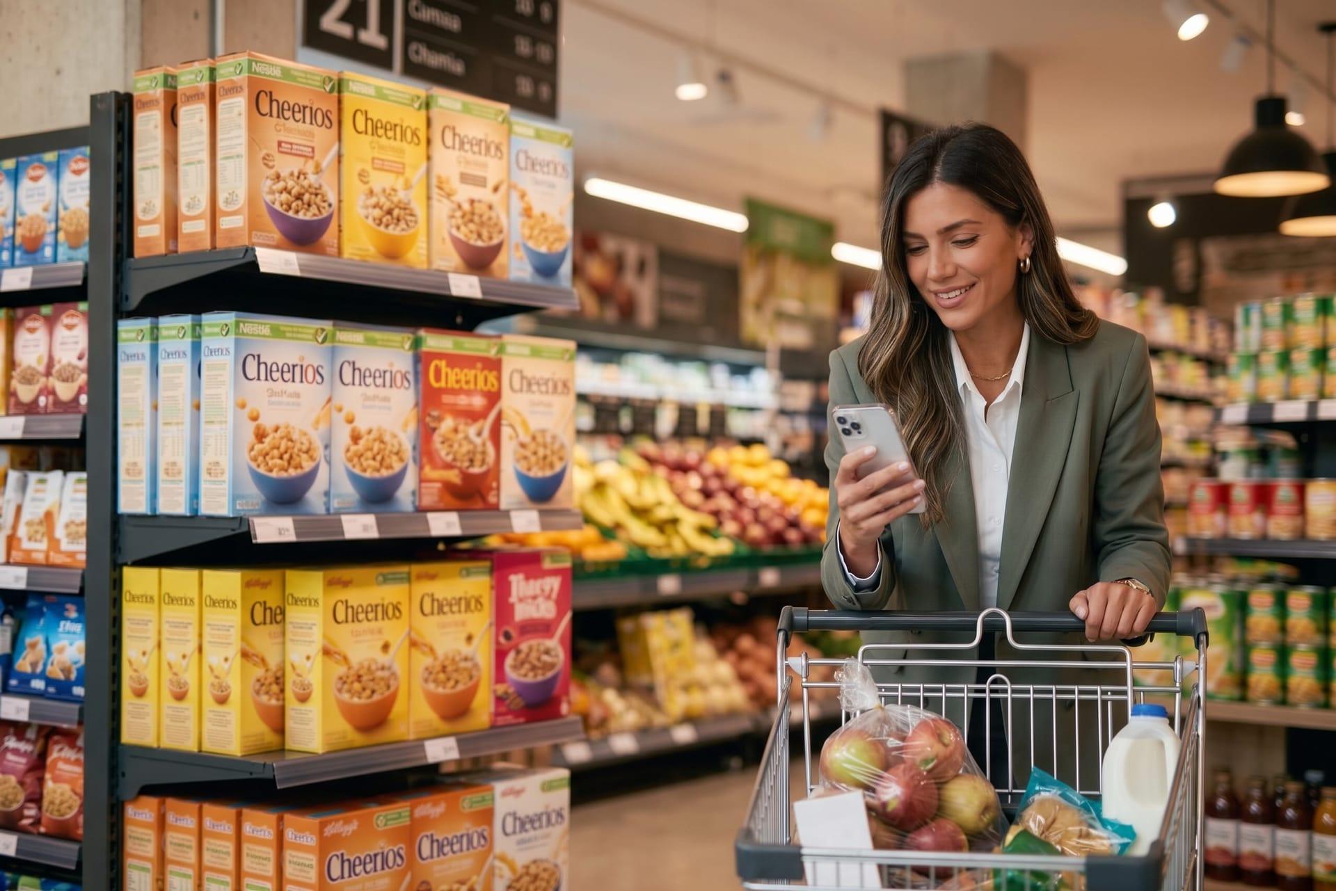 Employee smiling at her phone while shopping, representing early access to earned wages