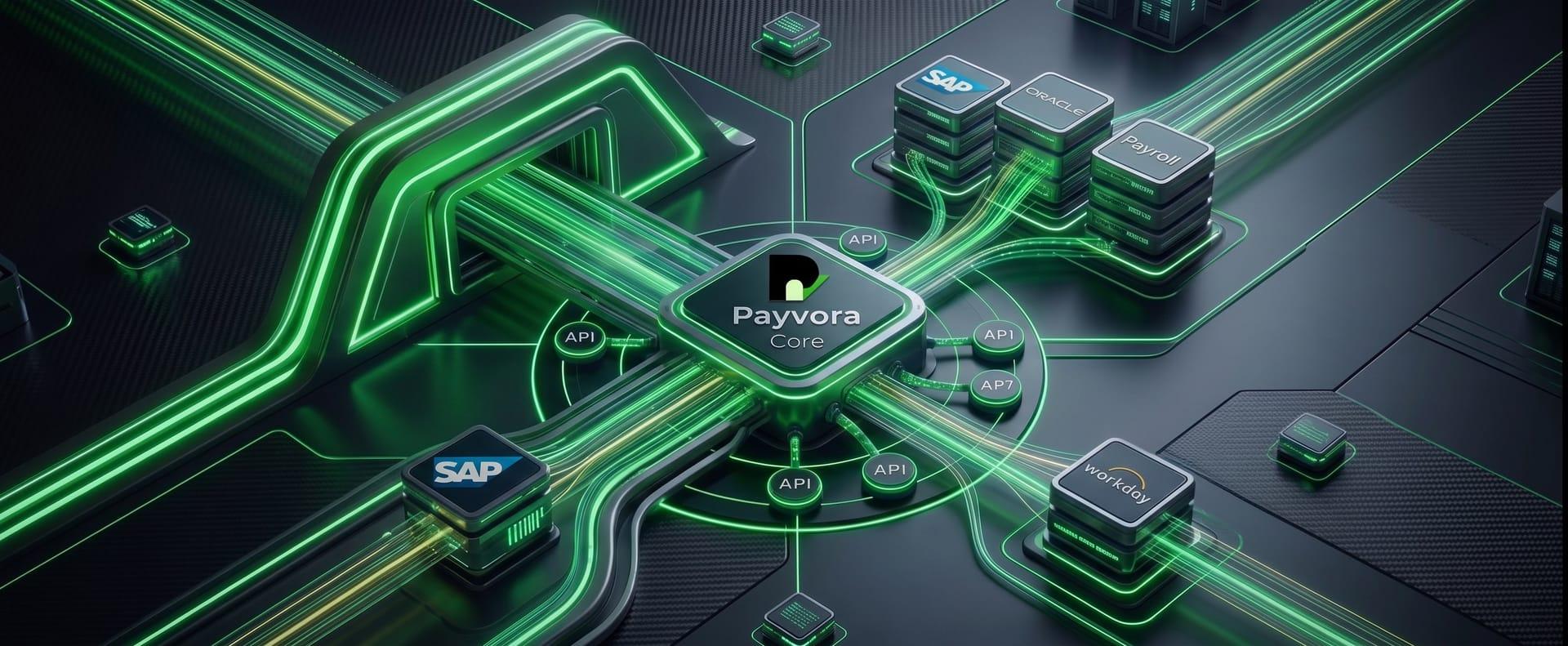 Payvora Core connected to SAP, Oracle, Workday, payroll, and API integrations