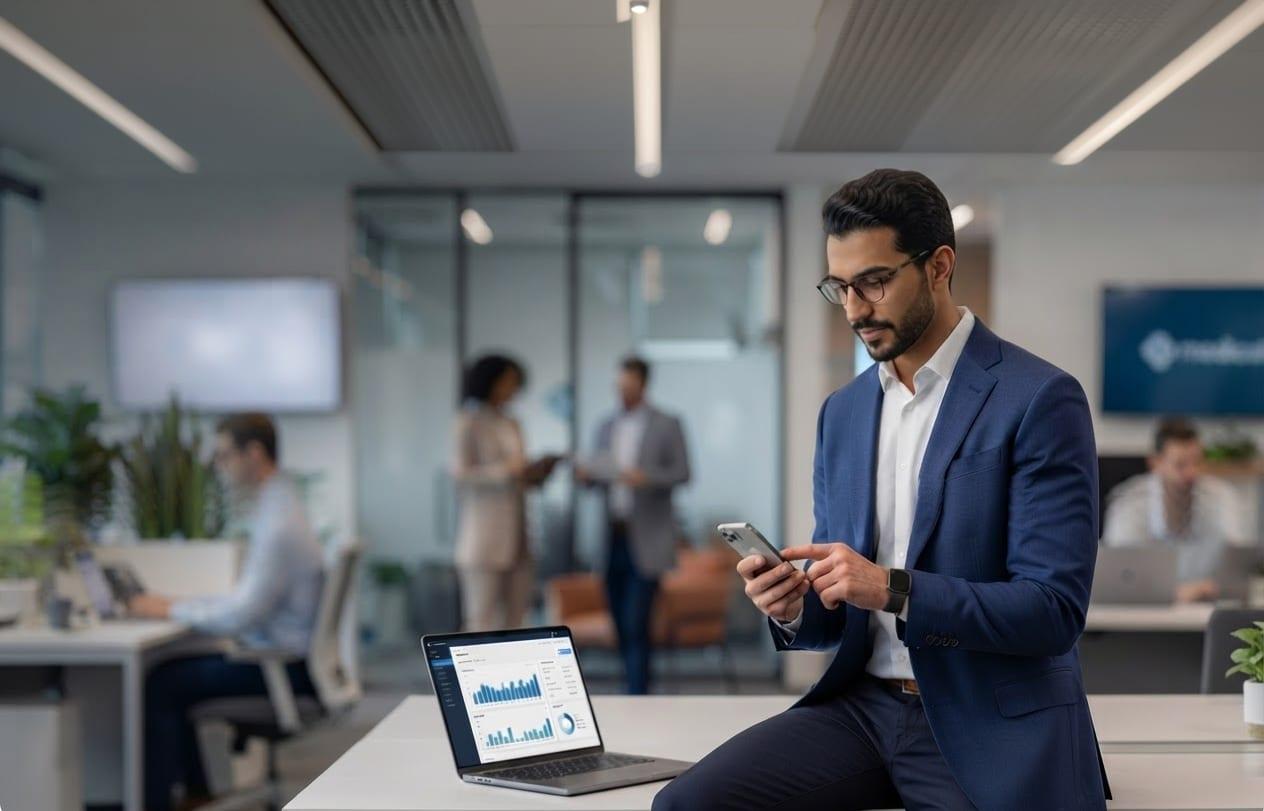 Business professional checking his phone in a modern office, representing ready-to-spend employees