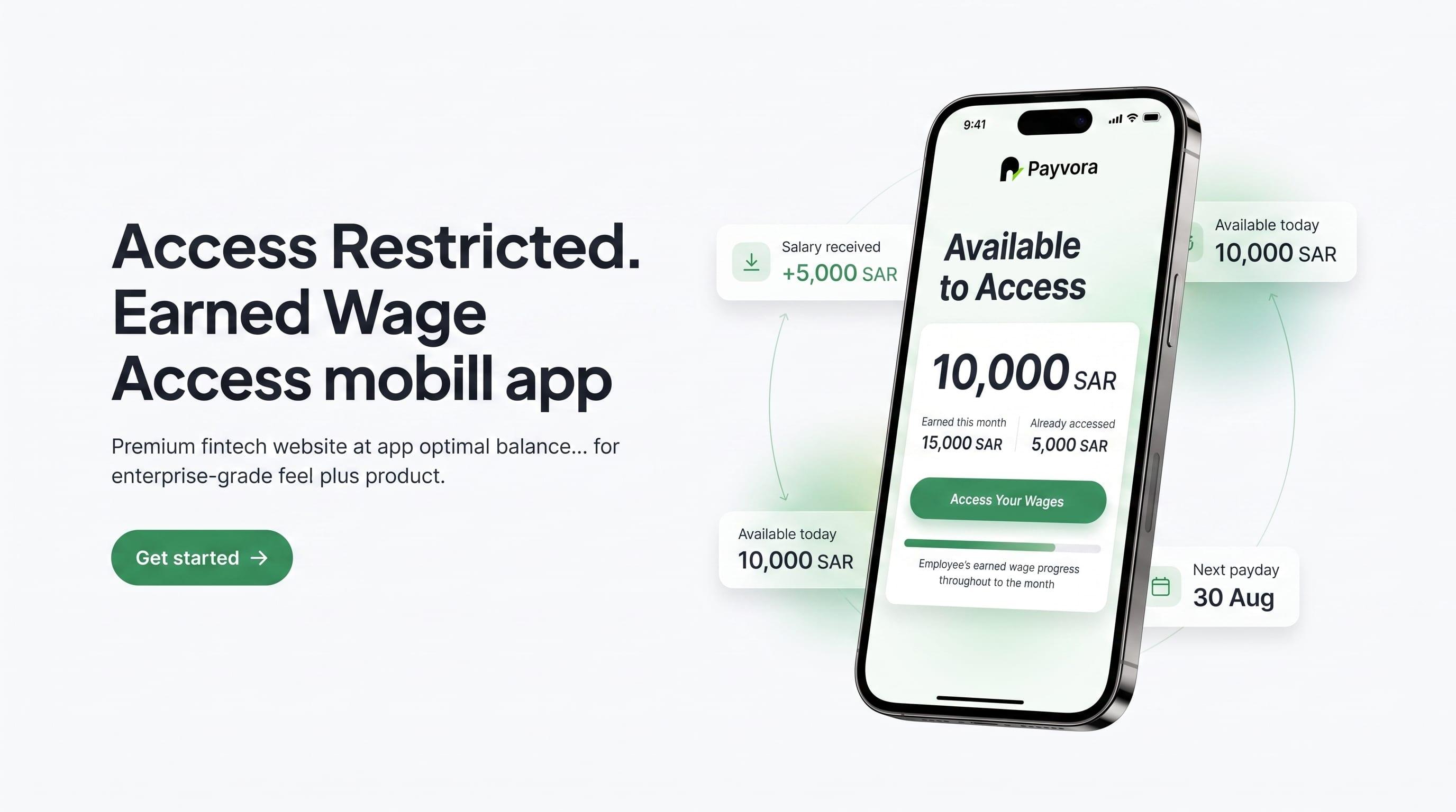 Payvora app showing available balance of 10,000 SAR with earned wage progress