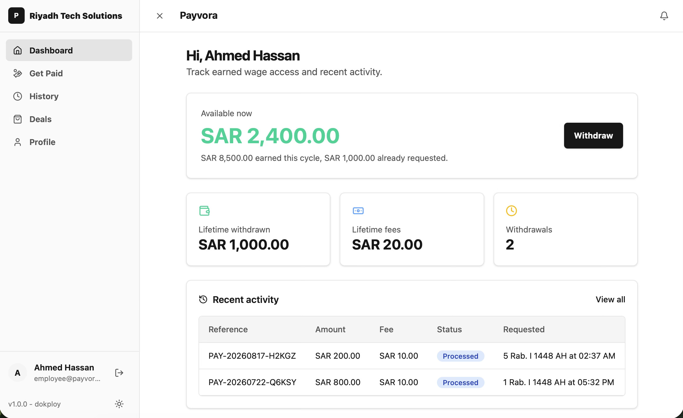 Payvora employee portal showing available balance, lifetime stats, and recent withdrawal activity